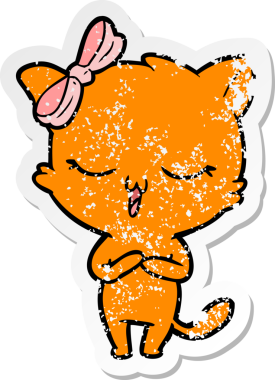 Bir insan tarafından kafasında fiyonk olan çizgi film kedisinin sıkıntılı çıkartması.