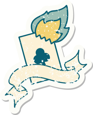 Bir insan tarafından çizilmiş alevli bir kartın pankartı olan eski bir etiket.