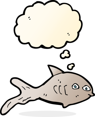 Bir insan tarafından çizilmiş düşünce baloncuklu çizgi film balığı.