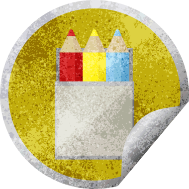 Bir insan tarafından çizilmiş renkli kalem paketi grafik vektör çizim dairesel etiketi