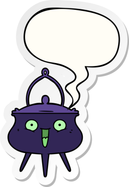 Bir insan tarafından çizilmiş konuşma balonu çıkartmalı cadılar bayramı kazanı karikatürü.