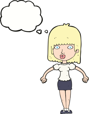 Bir insan tarafından çizilmiş düşünce baloncuğuyla omuz silken çizgi film kadını.