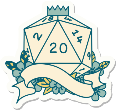 Bir insan tarafından çizilmiş 20 D20 zarının çıkartması.