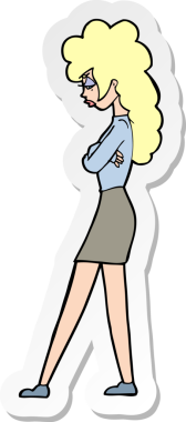 Çizgi film çıkartması. Bir insan tarafından çizilmiş rahatsız bir kadın.