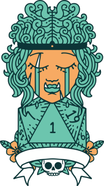 Retro Dövme Tarzı Ağlayan Ork Barbar Karakteri Bir insan tarafından çizilmiş doğal D20 rulosu