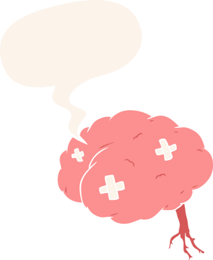 Bir insan tarafından çizilmiş, konuşma baloncuğu şeklinde yaralı bir beyin.