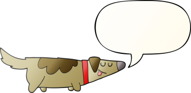 Bir insan tarafından çizilmiş, konuşma baloncuklu çizgi film köpeği.