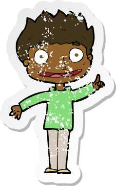 Bir insan tarafından çizilen mutlu çocuk çizgi filminin kederli retro yapıştırması.