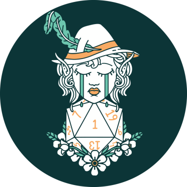 Ağlayan Elf Ozan karakteri ikonu. Bir insan tarafından çizilmiş doğal bir D20 rulosu.