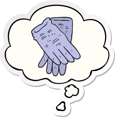 Karikatür bahçe eldivenleri. Düşünce baloncuğu insan tarafından çizilmiş bir çıkartma.