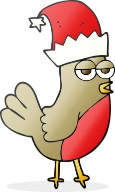 Bir insan tarafından çizilmiş Noel şapkasındaki robin karikatürü.