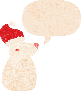 Çizgi film ayısı Noel şapkası takıyor ve grunge şeklinde konuşma balonu takıyor.