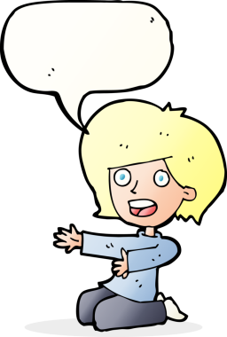 Bir insan tarafından çizilmiş konuşma baloncuğuyla dizlerinin üstünde şok olmuş bir kadın.