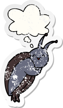 Düşünce baloncuğu olan sevimli çizgi film böceği insan tarafından çizilmiş yıpranmış bir çıkartma.