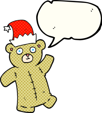 Bir insan tarafından çizilmiş Noel şapkası giyen oyuncak ayı çizgi filmi.