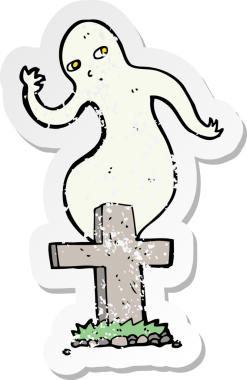 Bir insan tarafından çizilmiş mezardan yükselen karikatür bir hayaletin gerilimli çıkartması.