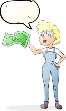 Serbest konuşma balonu karikatürü. Kendine güveni olan bir çiftçi kadın. Bir insan tarafından çekilen para.