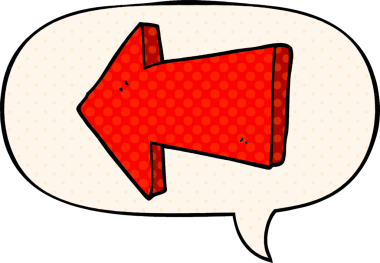 Bir insan tarafından çizilmiş çizgi roman tarzında konuşma balonlu bir ok gösteren çizgi film.