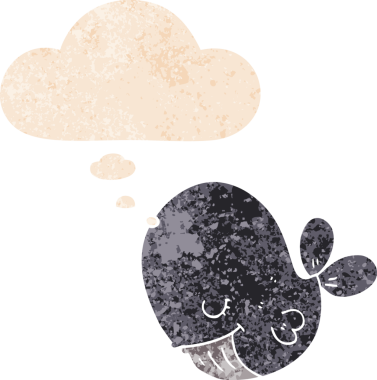 Düşünce baloncuklu çizgi film balinası grunge sıkıntılı retro dokulu bir insan tarafından çizilmiş