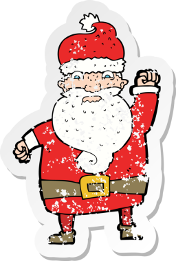 Bir insan tarafından çizilmiş kızgın Noel Baba çizgi filminin gerilimli retro çıkartması.