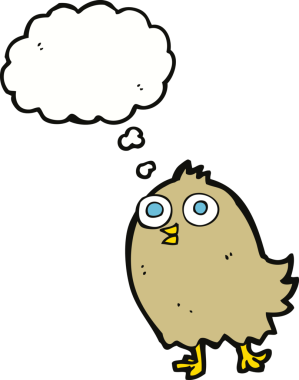 Bir insan tarafından çizilmiş düşünce baloncuklu mutlu kuş.