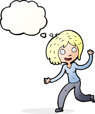 Bir insan tarafından çizilmiş düşünce balonlu mutlu el sallayan kız