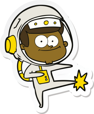 Bir insan tarafından çizilmiş mutlu bir astronot çizgi filminin çıkartması.