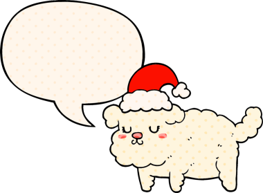 Bir insan tarafından çizilmiş çizgi roman tarzında konuşma balonu olan şirin bir Noel köpeği.