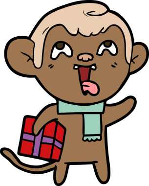 Bir insan tarafından çizilmiş Noel hediyesi olan çılgın çizgi film maymunu.