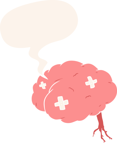 Bir insan tarafından çizilmiş, konuşma baloncuğu şeklinde yaralı bir beyin.