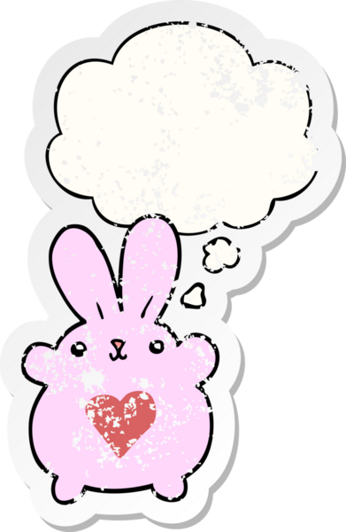 Sevgi dolu karikatür tavşanı. Düşünce baloncuğu insan tarafından çizilmiş yıpranmış bir çıkartma gibi.