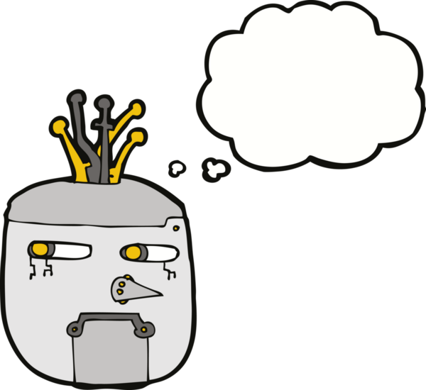 Bir insan tarafından çizilmiş düşünce baloncuklu robot kafası.