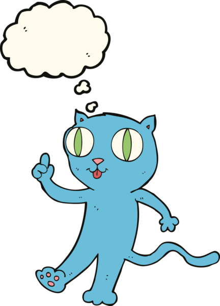 Bir insan tarafından çizilmiş düşünce baloncuklu çizgi film kedisi.