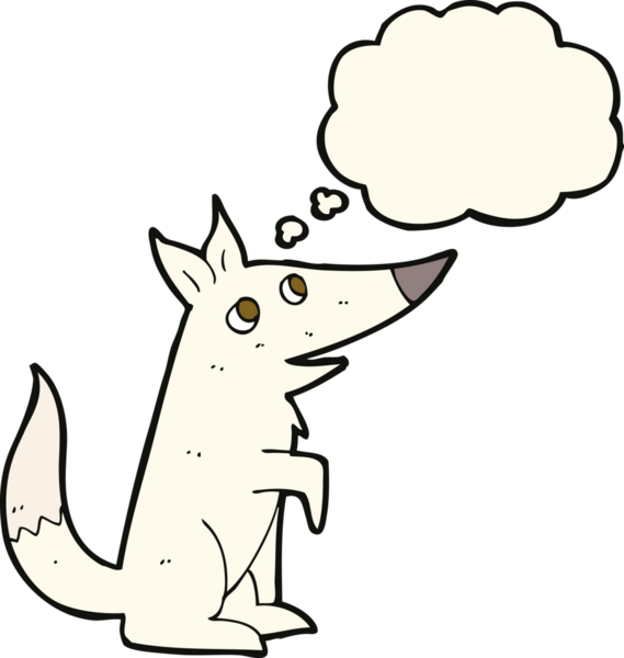 Bir insan tarafından çizilmiş düşünce baloncuğu olan bir kurt yavrusu.