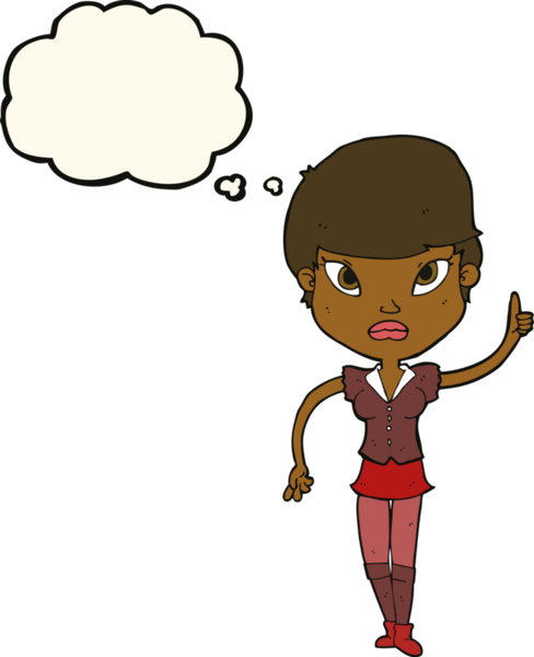 Bir insan tarafından çizilmiş düşünce baloncuğu fikri olan karikatür kadın.