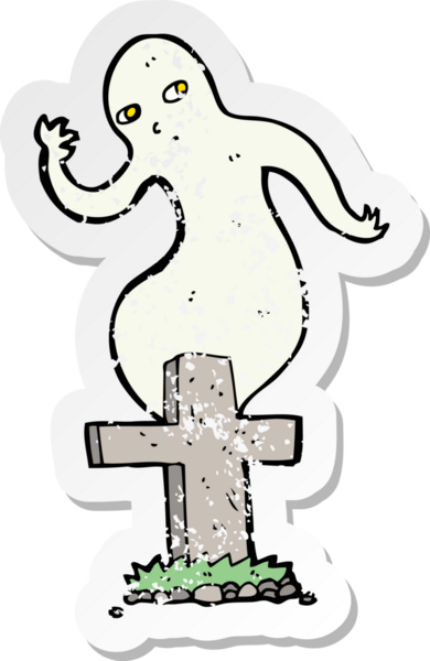 Bir insan tarafından çizilmiş mezardan yükselen karikatür bir hayaletin gerilimli çıkartması.