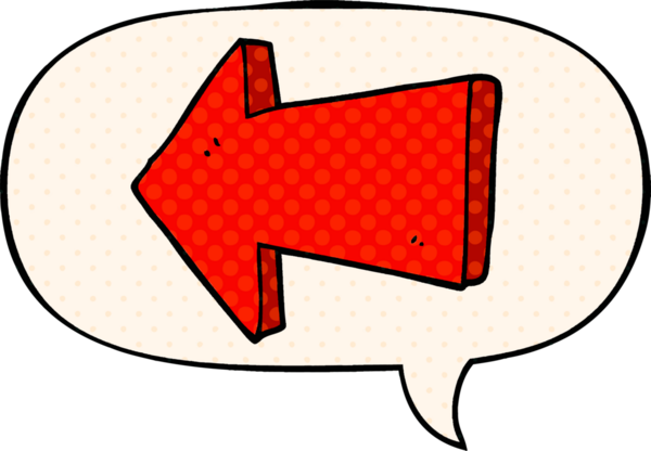 Bir insan tarafından çizilmiş çizgi roman tarzında konuşma balonlu bir ok gösteren çizgi film.