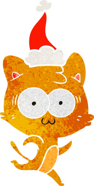 Bir insan tarafından çizilmiş Noel Baba şapkasıyla koşan şaşırmış bir kedinin el çizimi.