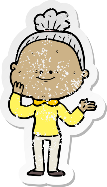 Bir insan tarafından çizilmiş mutlu, yaşlı bir kadının sıkıntılı çıkartması.