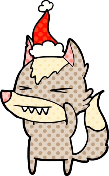 Kızgın kurt el, bir insan tarafından çizilmiş Noel Baba şapkasının çizgi roman çizimi.