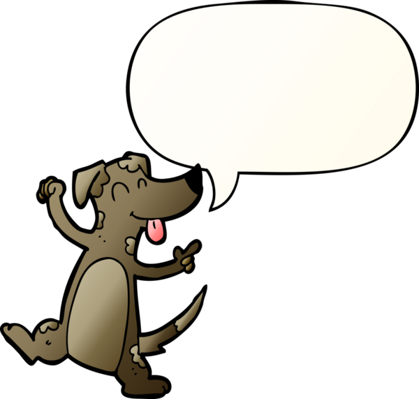 Bir insan tarafından çizilmiş, konuşma baloncuklu çizgi film köpeği.