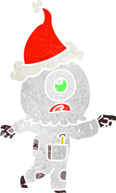 Bir insan tarafından çizilmiş Noel Baba şapkası giyen uzaylı bir Tepegöz 'ün el çizimi karikatürü.