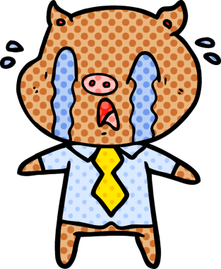 Bir insan tarafından çizilmiş insan kıyafetleri içinde ağlayan domuz çizgi filmi.