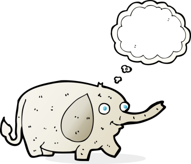 Bir insan tarafından çizilmiş düşünce baloncuklu komik küçük fil.