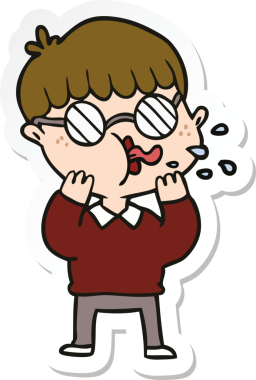 Bir insan tarafından çizilmiş gözlüklü bir çizgi film çocuğunun çıkartması.