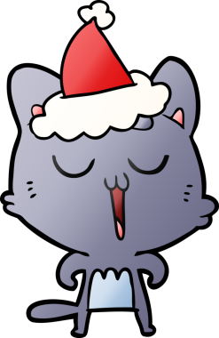 Bir insan tarafından çizilmiş Noel Baba şapkası giymiş bir kedinin el çizimi karikatürü.