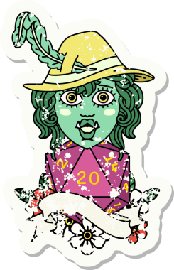 Bir insan tarafından çizilmiş 20 zarlı şarkı söyleyen yarı ork bir karakterin grunge çıkartması.