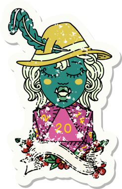 Retro Dövme Tarzı Şarkı Söyleyen Yarı Ork Ozan Bir insan tarafından çizilmiş doğal yirmi zar ile