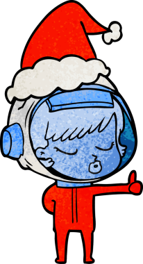 Bir insan tarafından çizilmiş Noel Baba şapkası giymiş güzel bir astronot kızın el çizimi karikatürü.