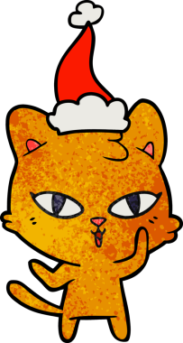 Bir insan tarafından çizilmiş Noel Baba şapkası takan bir kedinin el çizimi karikatürü.